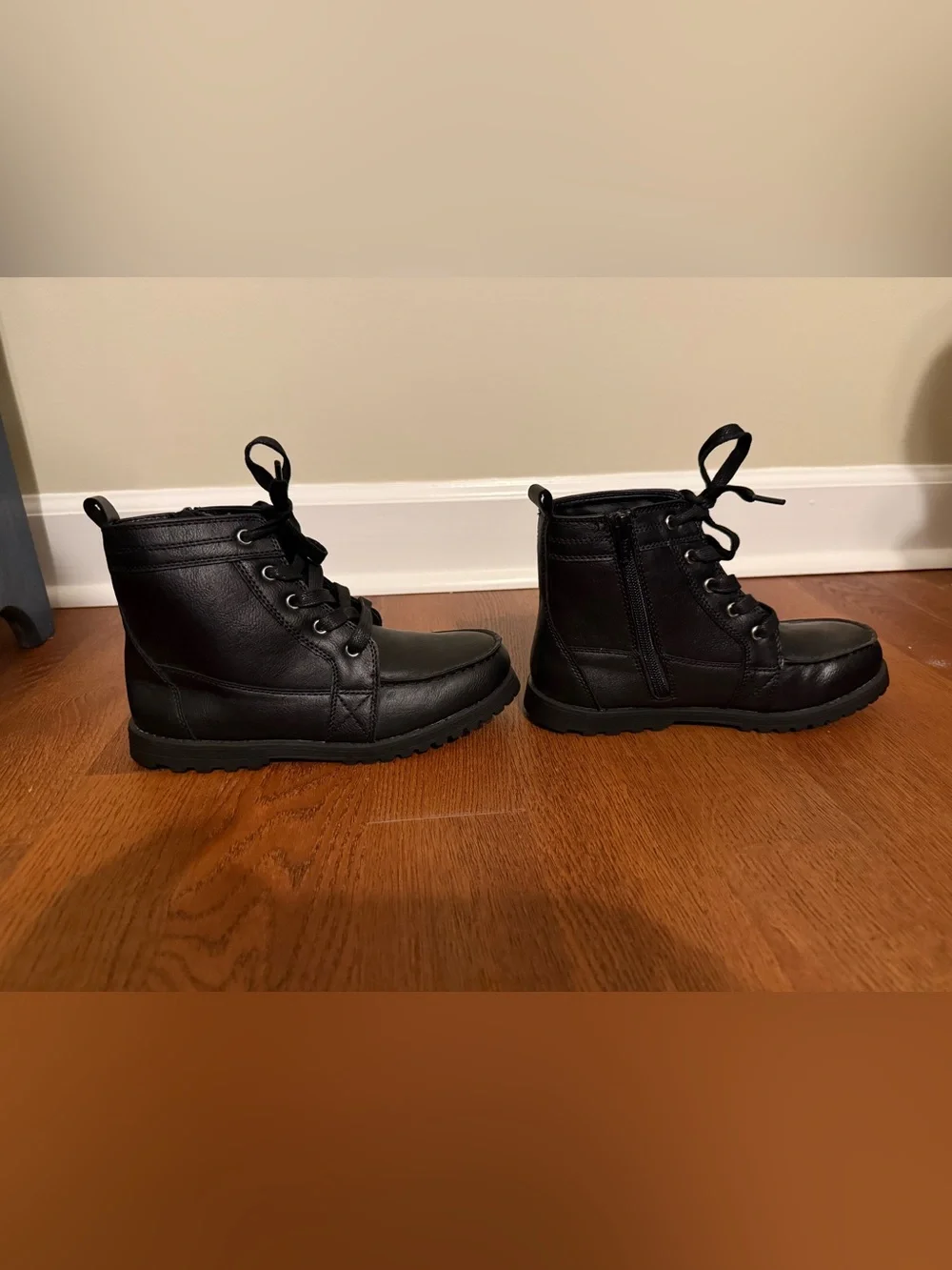 The Children's Place Boys Black Faux Leather Lace Up Boots Size 3 back to school
